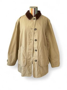 Vintage Lands End Chore Coat Contrast Corduroy Collar Plaid Lining Jacket